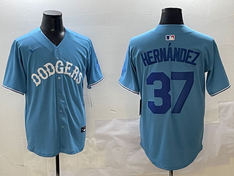 Men Los Angeles Dodgers #37 Hernandez Light Blue Joint Name 2025 Nike MLB Jersey style 1